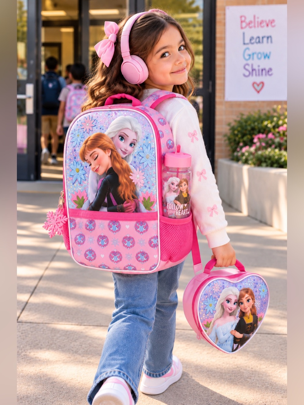 FROZEN Pink Kids Backpack Set with Lunchbox and Water Bottle